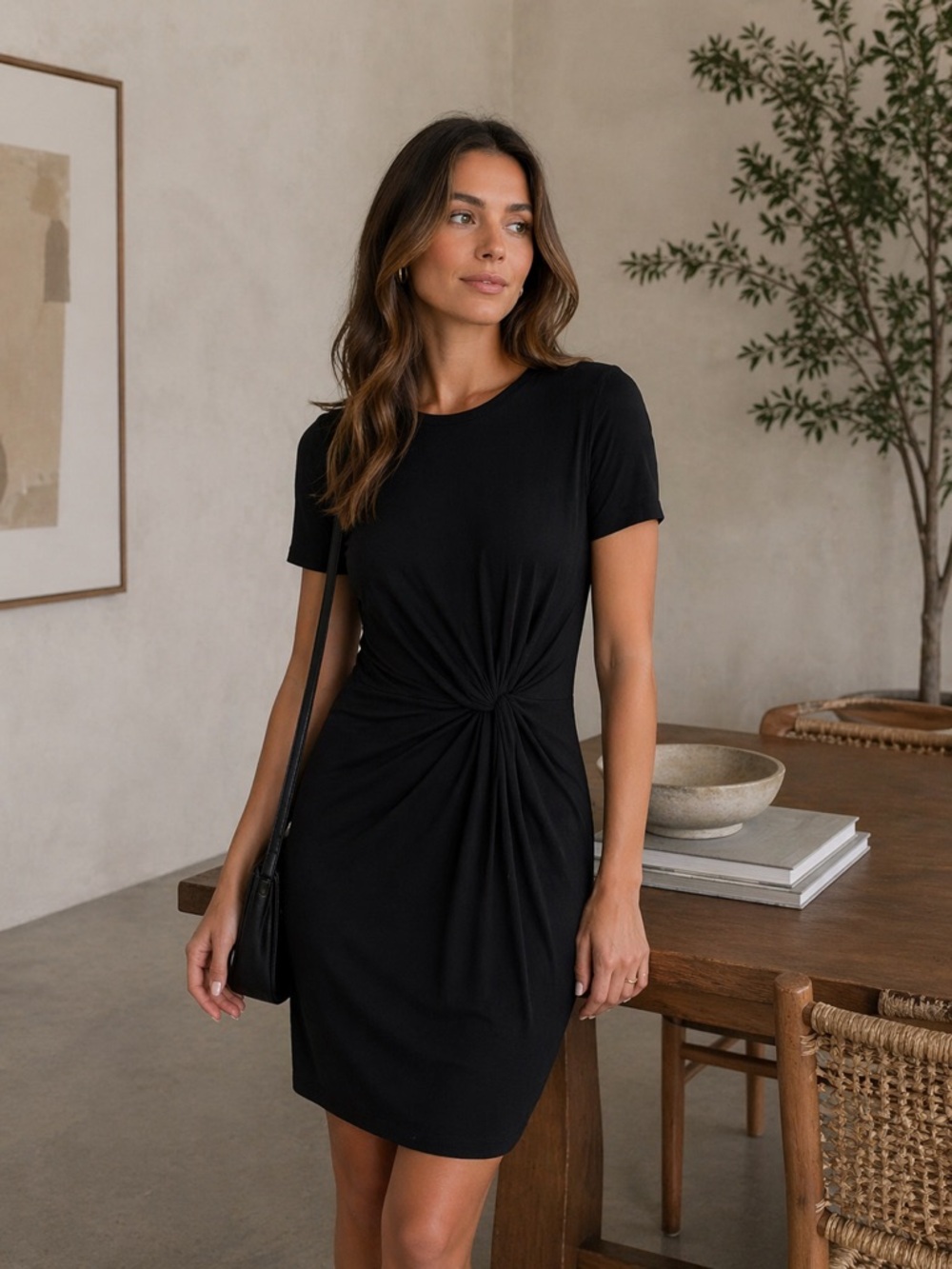 Gap Dress Black Twist Knotted Short Sleeve Lyocell